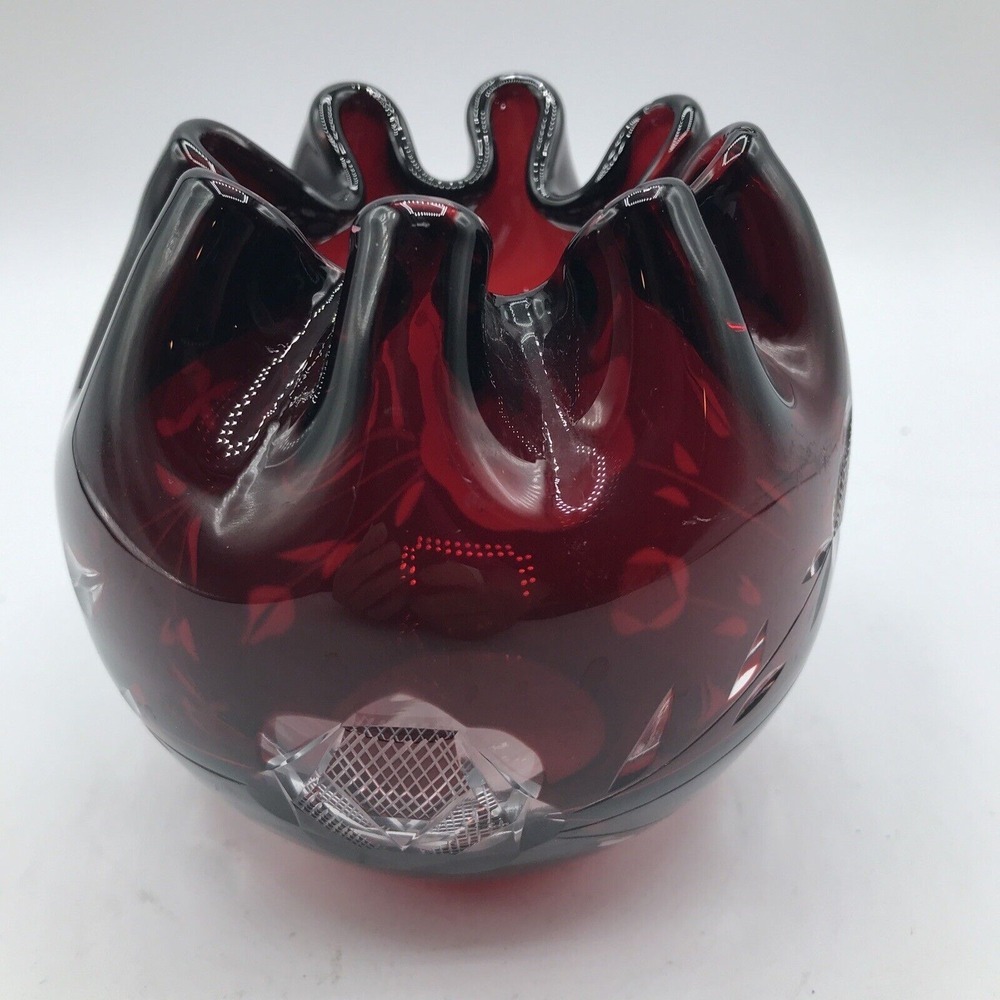 Ruby Red Cut to Clear Rose‎ Bowl Ruffle Edge